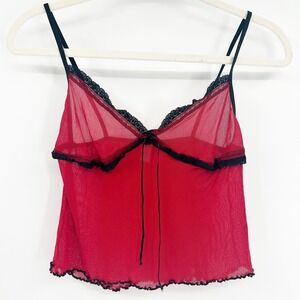 Womens Y2K Fairycore Feminine Dainty Mesh Lace Trim Babydoll Cami Top Size M Red